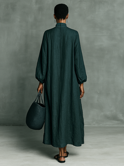 Elegant Green Dress for Women with Mock Neck Floral Embroidery Puff Sleeve Oversized Linen Casual Maxi Style