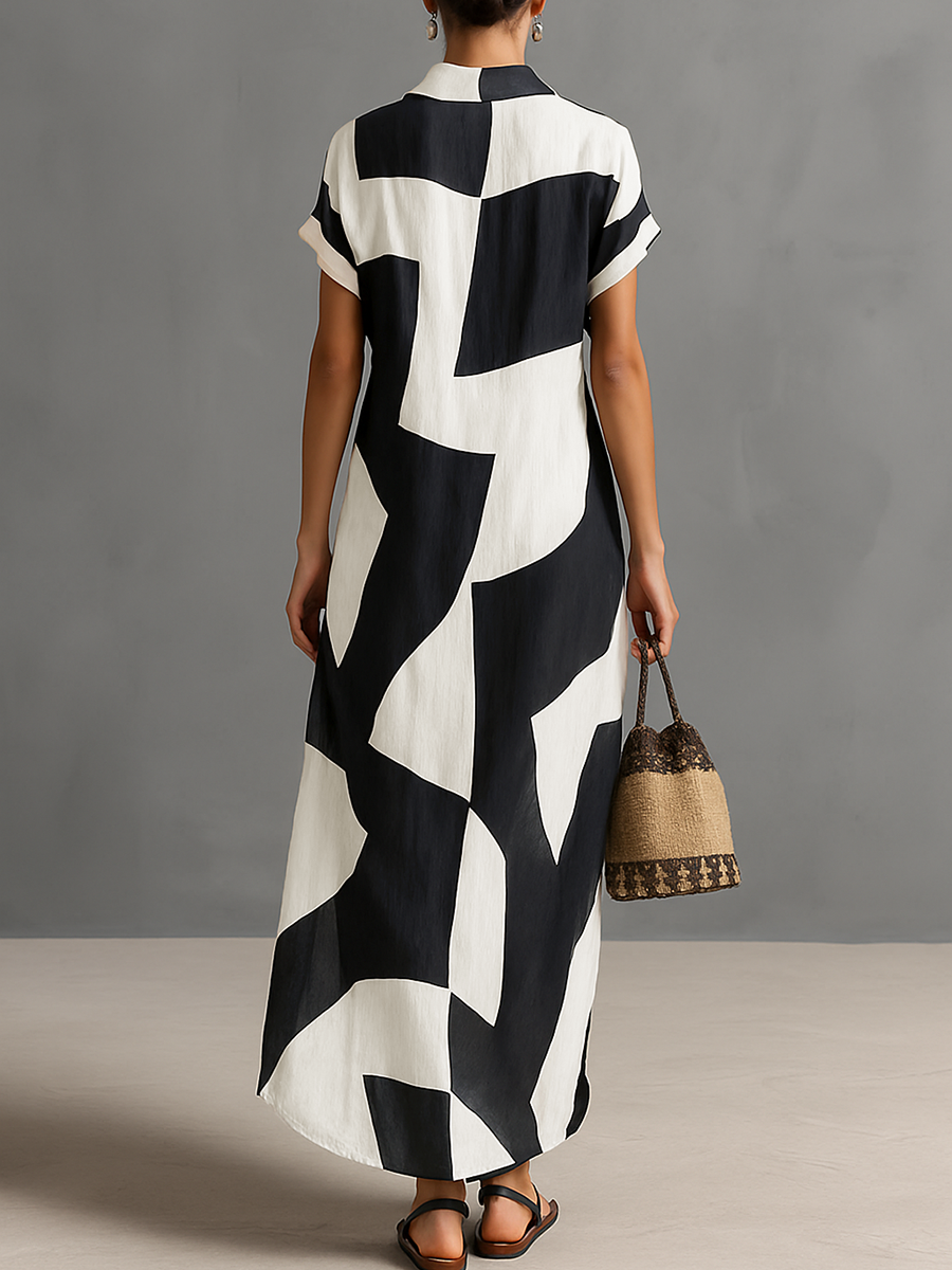 Stylish Black and White Shirt Dress for Women with Lapel Collar Color Block Button Front Short Sleeve Linen Casual Maxi Style