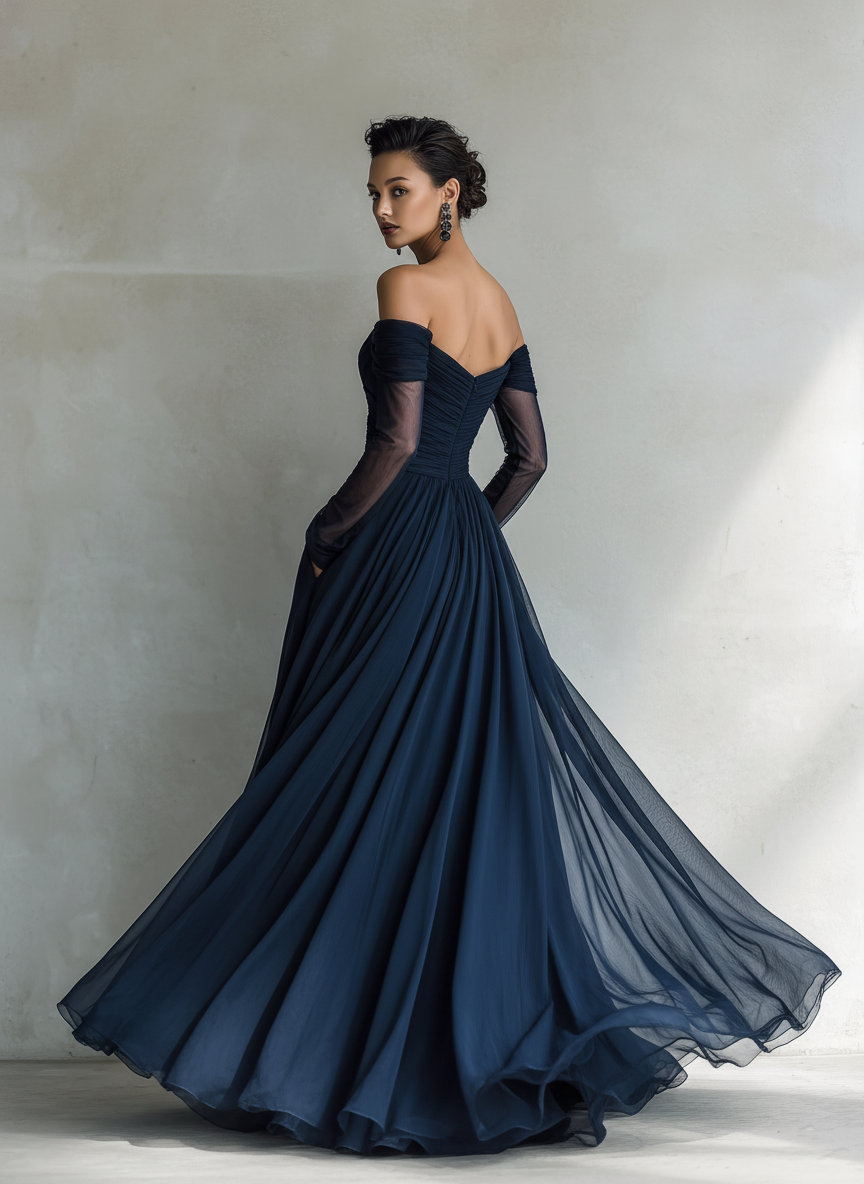 Elegant Formal Wedding Guest Dresses for Women with Off Shoulder Sheer Long Sleeve Ruched Chiffon Fitted Maxi Style