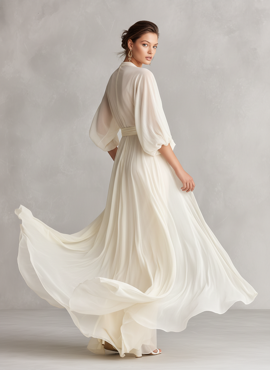 Elegant Ivory Chiffon Maxi Dress for Women with Wrap V Neck Puff Sleeve Draped Formal Wedding Guest Style