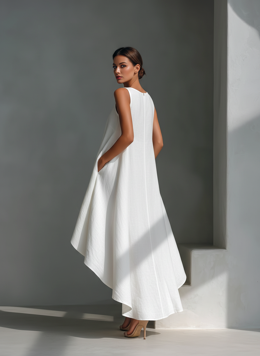 Effortless Linen Midi Dress for Women with Round Neck Asymmetric Hem Sleeveless Flowing Casual Summer Style