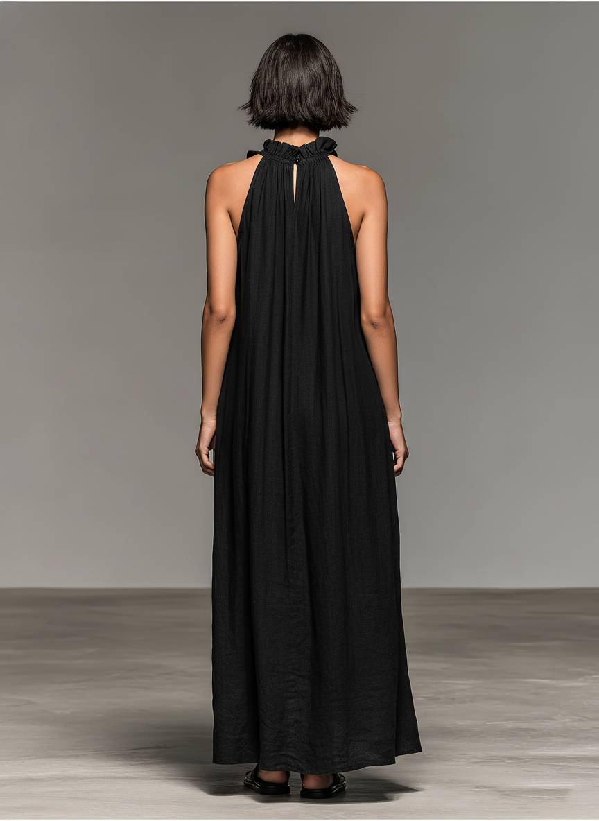 Elegant Black Linen Maxi Dress for Women with Halter Neck Ruffle Trim Sleeveless Casual Summer Style