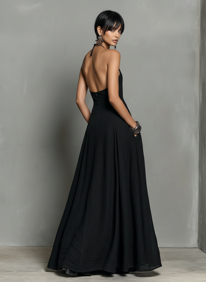 Elegant Black Maxi Dress for Women with Halter Neck Sleeveless Open Back Flowing Linen Casual Summer Style