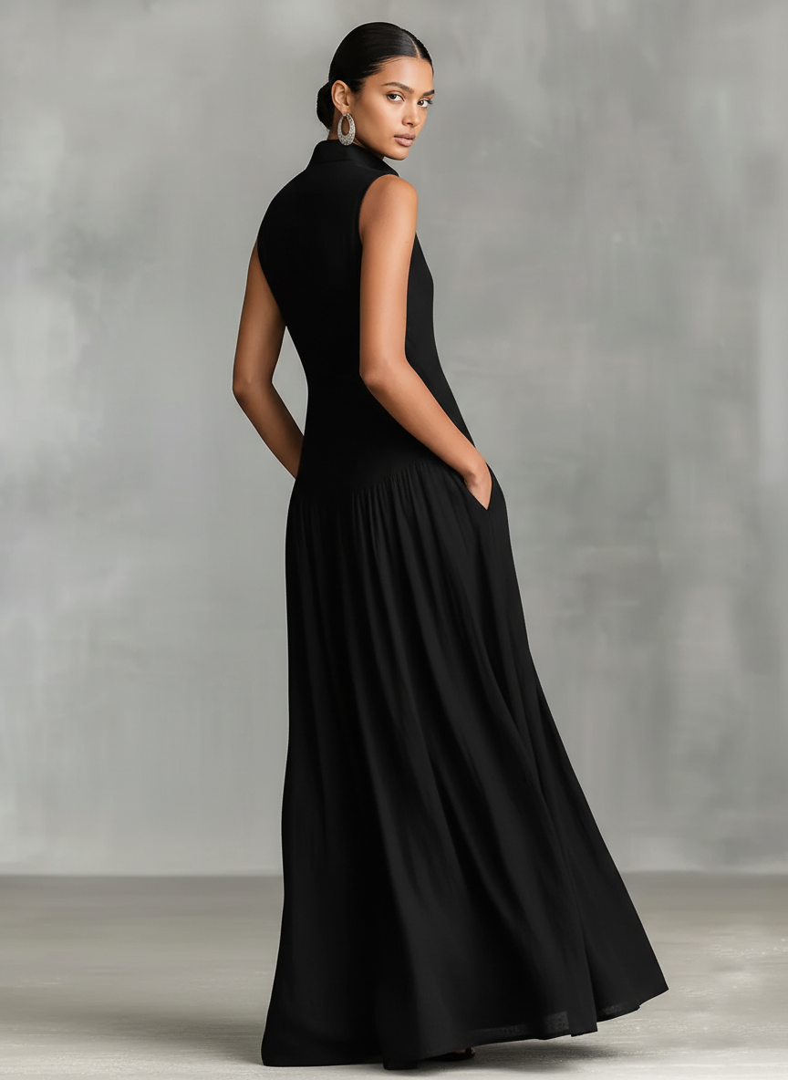 Effortless Black Dress for Women with Collar V Neck Button Front Sleeveless Flared Linen Casual Maxi Style