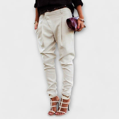 Elegant Beige Tapered Pants for Women with High Waist Pleated Ankle Cuff Relaxed Style