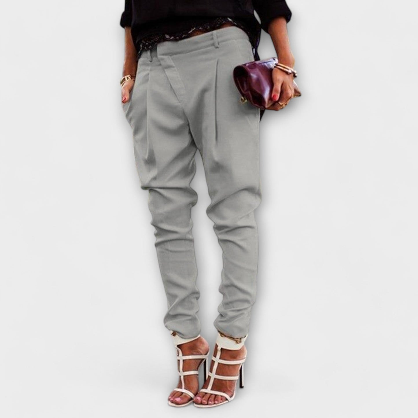 Elegant Beige Tapered Pants for Women with High Waist Pleated Ankle Cuff Relaxed Style