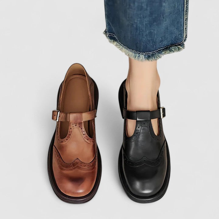 Comfortable Mary Jane Shoes for Women with Round Toe T Strap Brogue Non Slip Flat Style