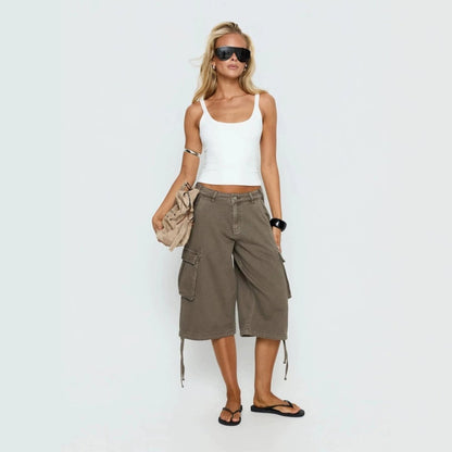 Effortless Khaki Cargo Pants for Women with High Waist Wide Leg Cropped Drawstring Casual Style