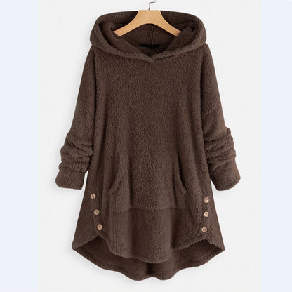 Comfortable Gray Fleece Hooded Jacket for Women with Zip Front Long Sleeve Cat Print High Low Casual Style