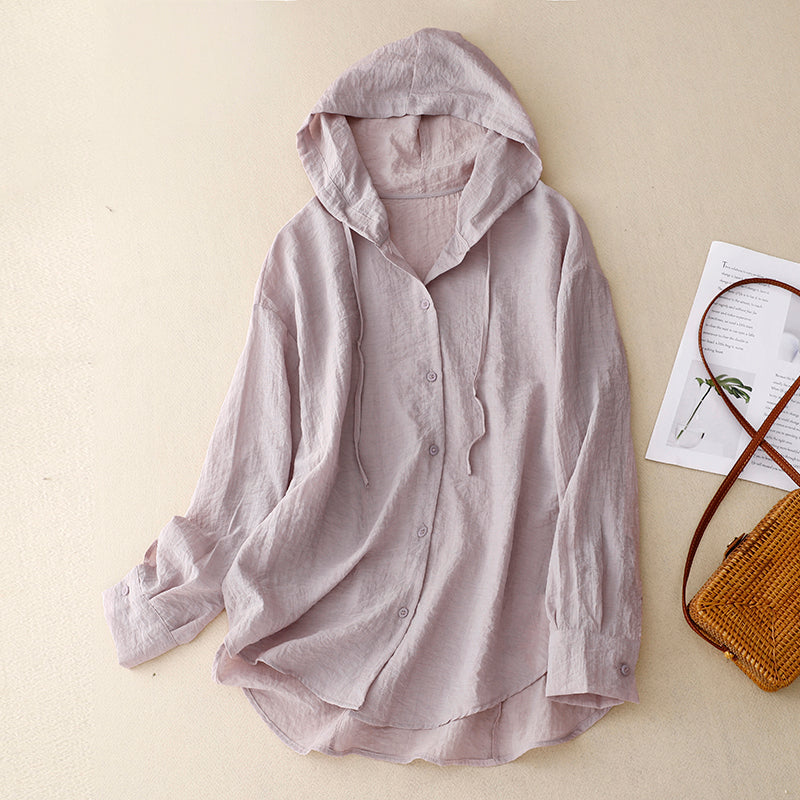 Effortless Linen Hooded Shirt for Women with Long Sleeve Button Front High Low Hem Casual Style