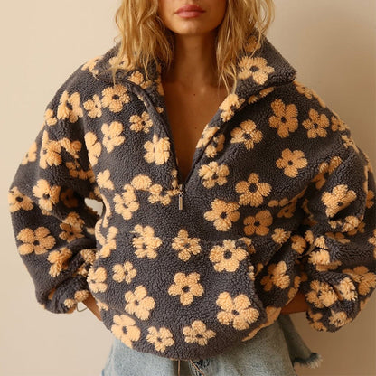 Effortless Grey Floral Sherpa Pullover for Women with Half Zip Collared Long Sleeve Oversized Relaxed Style