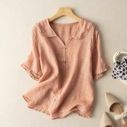 Effortless Linen Blouses for Women with Round Neck Short Sleeve Button Relaxed Flowing Style