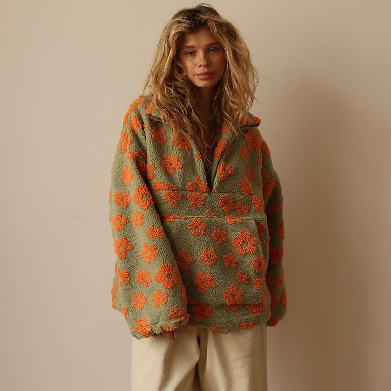 Effortless Grey Floral Sherpa Pullover for Women with Half Zip Collared Long Sleeve Oversized Relaxed Style