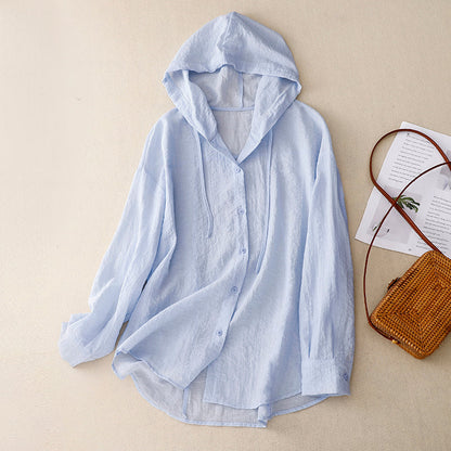 Effortless Linen Hooded Shirt for Women with Long Sleeve Button Front High Low Hem Casual Style