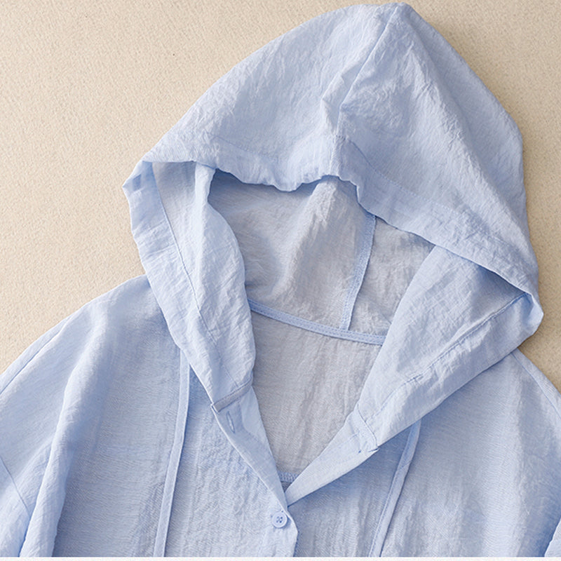 Effortless Linen Hooded Shirt for Women with Long Sleeve Button Front High Low Hem Casual Style