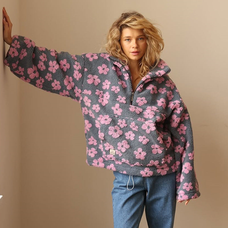 Comfortable Floral Sherpa Pullover for Women with Collar Half Zip Long Sleeve Oversized Knit Style