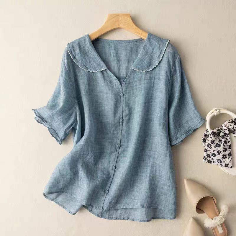 Effortless Linen Blouses for Women with Round Neck Short Sleeve Button Relaxed Flowing Style