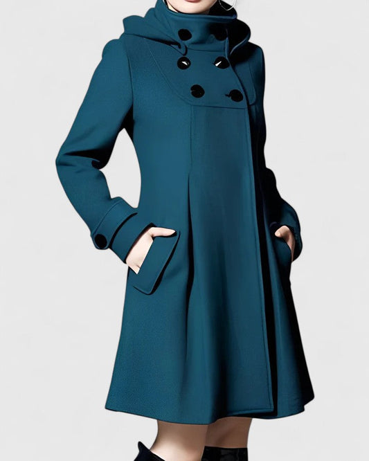 Elegant Long Wool Coat for Women with Hooded Double Breasted Button Placket Flared Swing Winter Style