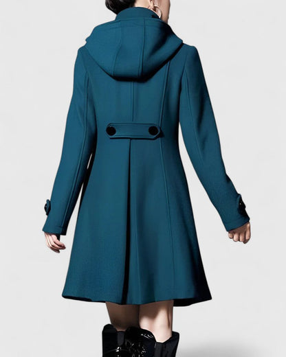 Elegant Long Wool Coat for Women with Hooded Double Breasted Button Placket Flared Swing Winter Style