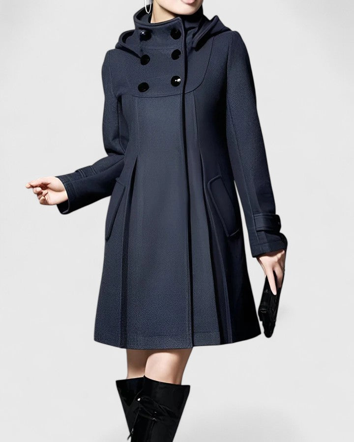 Elegant Long Wool Coat for Women with Hooded Double Breasted Button Placket Flared Swing Winter Style