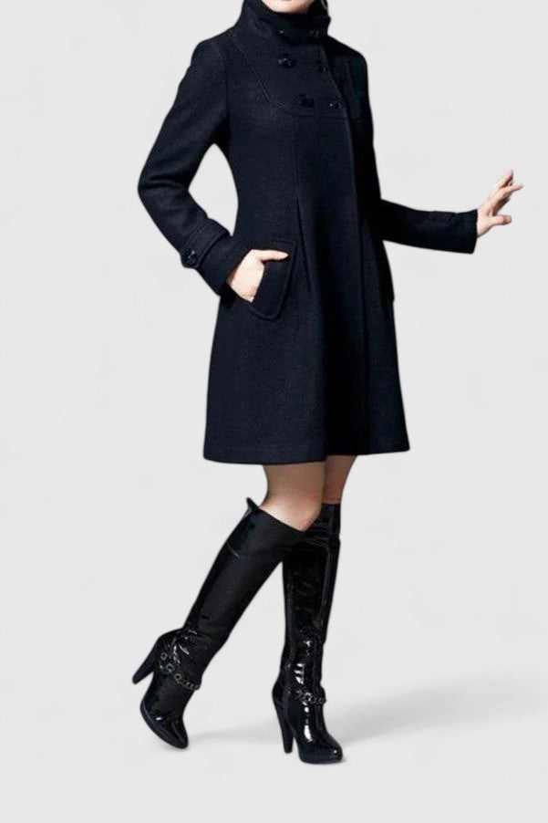 Elegant Long Wool Coat for Women with Hooded Double Breasted Button Placket Flared Swing Winter Style