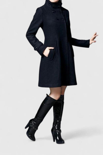 Elegant Long Wool Coat for Women with Hooded Double Breasted Button Placket Flared Swing Winter Style