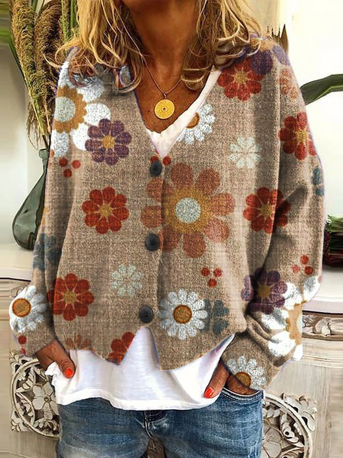 Effortless Floral Print Cardigan Sweater for Women with V Neck Long Sleeve Button Front Oversized Knit Style