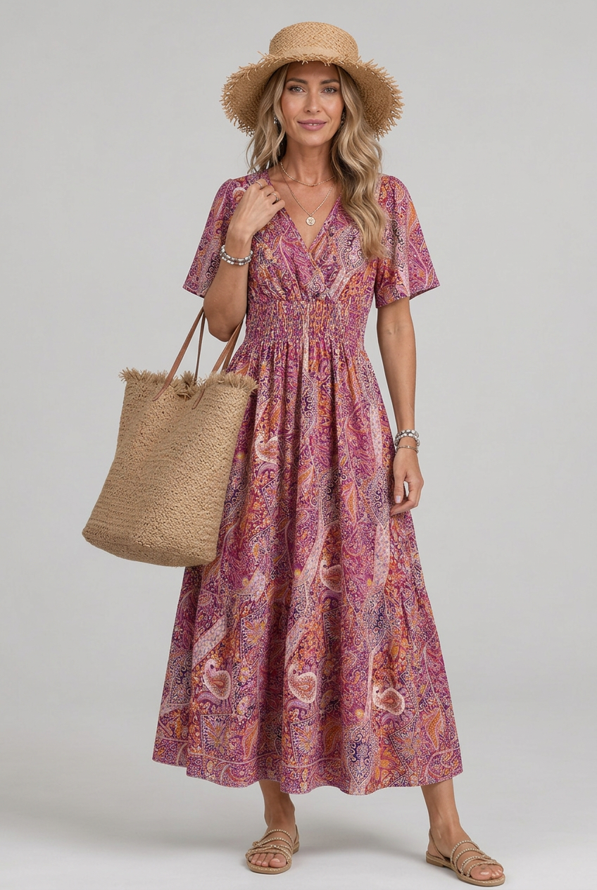 Effortless Pink Dress for Women with Paisley Print V Neck Flutter Sleeve Smocked Waist Maxi Bohemian Style