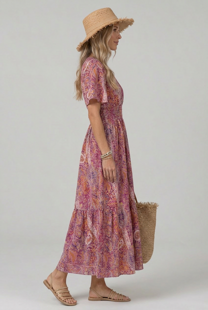 Effortless Pink Dress for Women with Paisley Print V Neck Flutter Sleeve Smocked Waist Maxi Bohemian Style