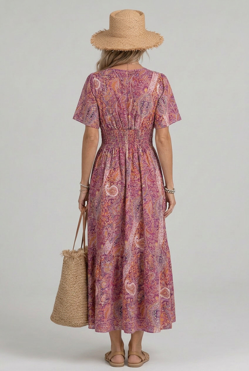 Effortless Pink Dress for Women with Paisley Print V Neck Flutter Sleeve Smocked Waist Maxi Bohemian Style
