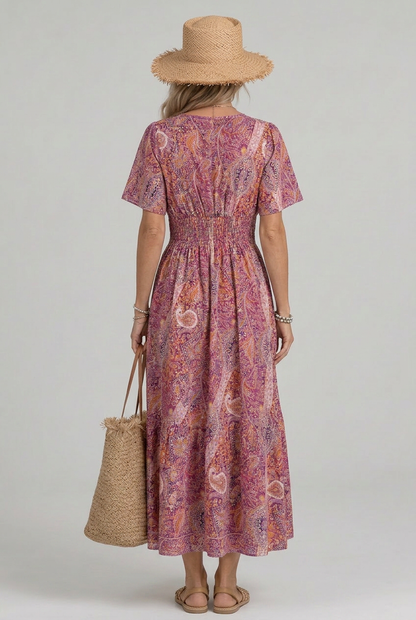 Effortless Pink Dress for Women with Paisley Print V Neck Flutter Sleeve Smocked Waist Maxi Bohemian Style