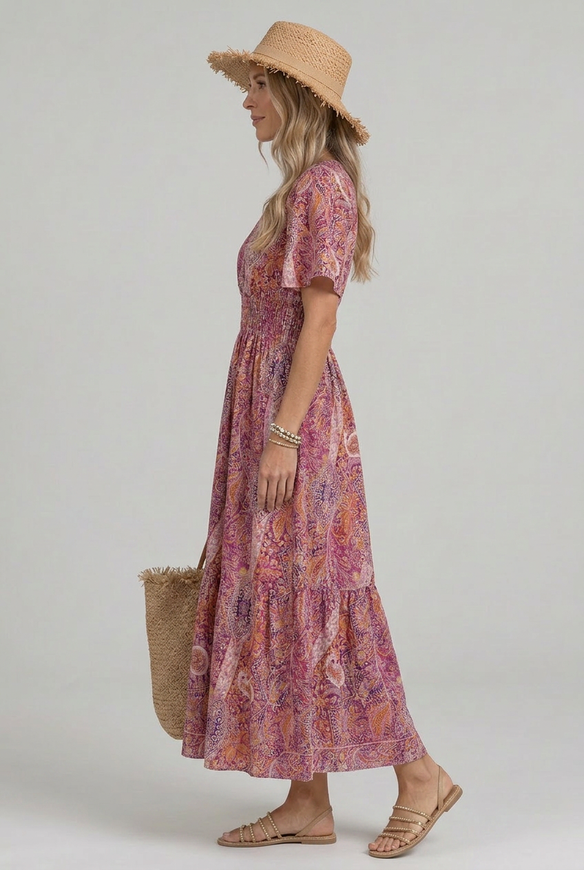Effortless Pink Dress for Women with Paisley Print V Neck Flutter Sleeve Smocked Waist Maxi Bohemian Style