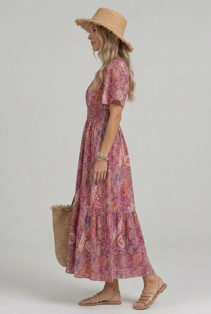 Effortless Pink Dress for Women with Paisley Print V Neck Flutter Sleeve Smocked Waist Maxi Bohemian Style