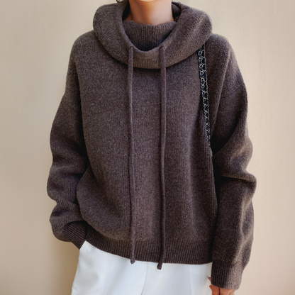 Comfortable Knit Hooded Sweater for Women with Cowl Neck Long Sleeve Oversized Relaxed Style