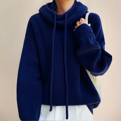 Comfortable Knit Hooded Sweater for Women with Cowl Neck Long Sleeve Oversized Relaxed Style