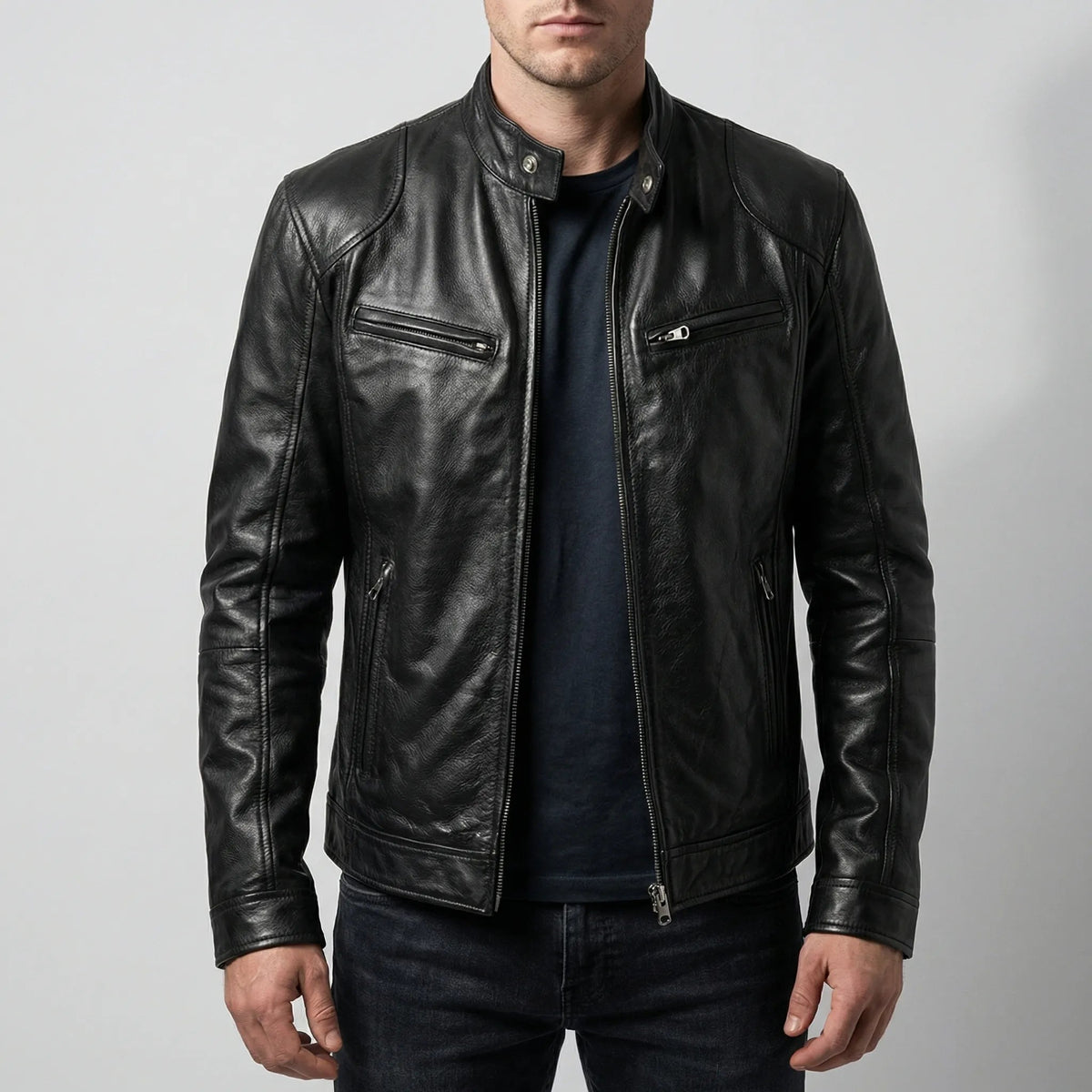 Edgy Leather Jacket for Men with Stand Collar Long Sleeve Zip Up Cafe Racer Moto Style