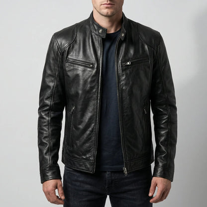 Edgy Leather Jacket for Men with Stand Collar Long Sleeve Zip Up Cafe Racer Moto Style