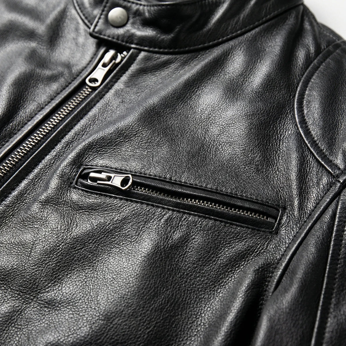 Edgy Leather Jacket for Men with Stand Collar Long Sleeve Zip Up Cafe Racer Moto Style