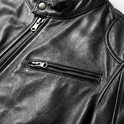 Edgy Leather Jacket for Men with Stand Collar Long Sleeve Zip Up Cafe Racer Moto Style