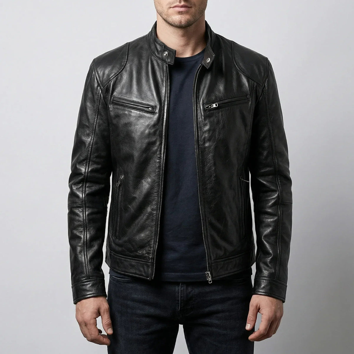 Edgy Leather Jacket for Men with Stand Collar Long Sleeve Zip Up Cafe Racer Moto Style