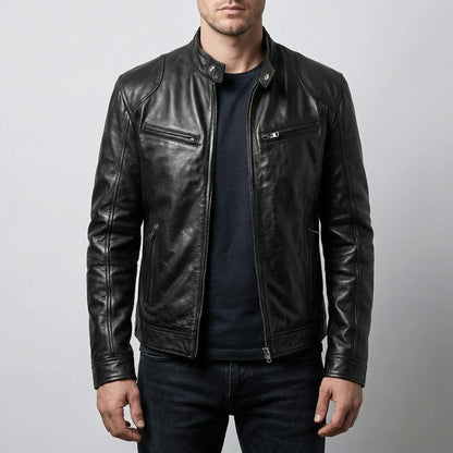 Edgy Leather Jacket for Men with Stand Collar Long Sleeve Zip Up Cafe Racer Moto Style