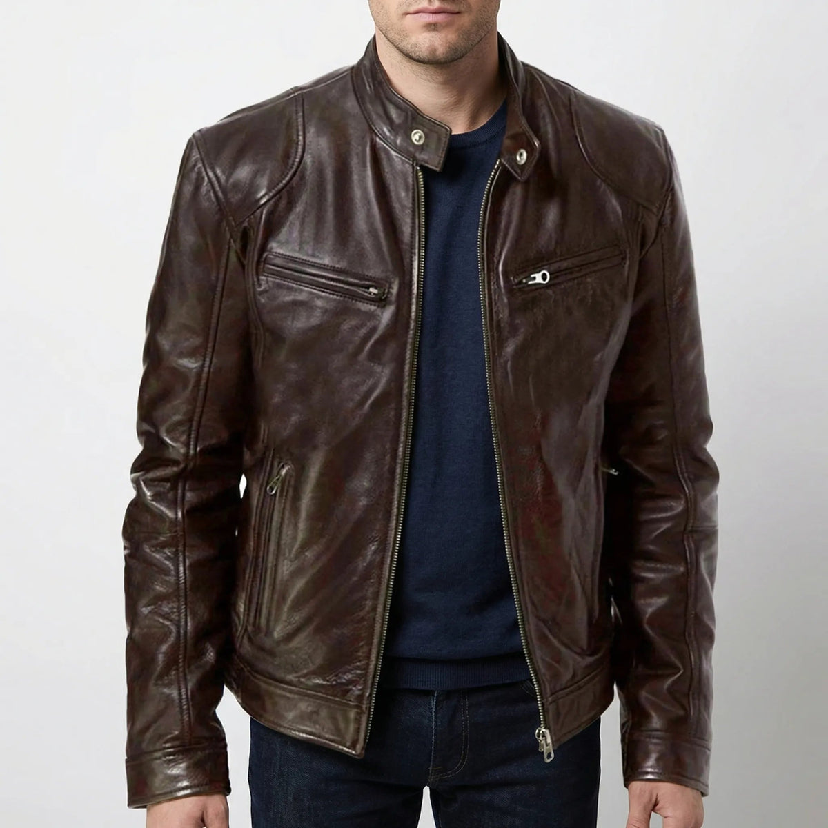 Edgy Leather Jacket for Men with Stand Collar Long Sleeve Zip Up Cafe Racer Moto Style
