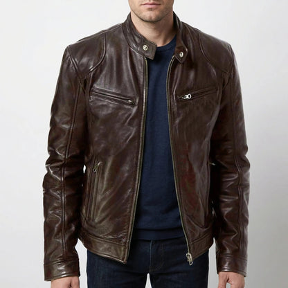 Edgy Leather Jacket for Men with Stand Collar Long Sleeve Zip Up Cafe Racer Moto Style