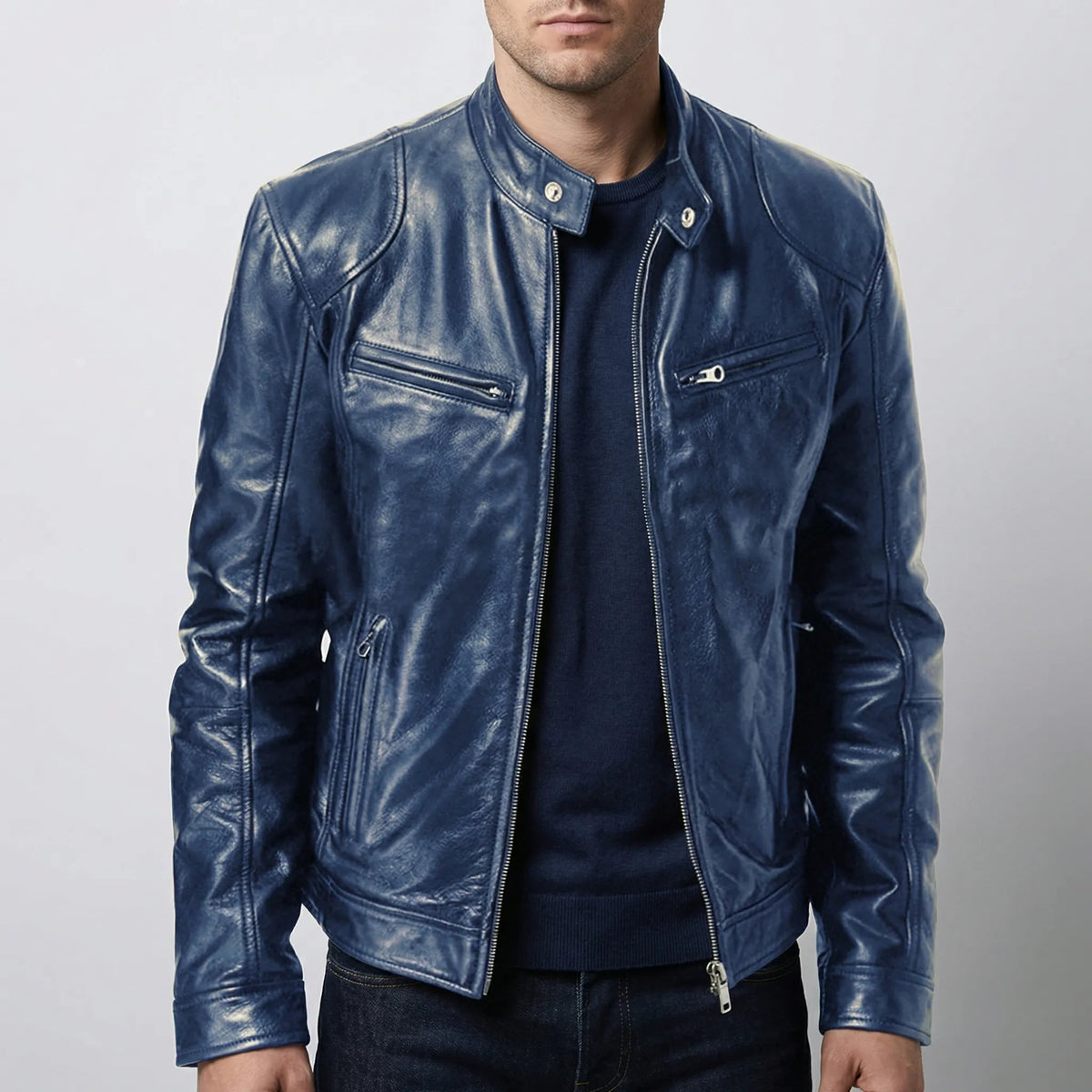 Edgy Leather Jacket for Men with Stand Collar Long Sleeve Zip Up Cafe Racer Moto Style