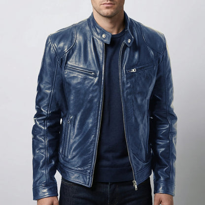 Edgy Leather Jacket for Men with Stand Collar Long Sleeve Zip Up Cafe Racer Moto Style