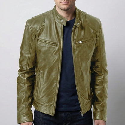 Edgy Leather Jacket for Men with Stand Collar Long Sleeve Zip Up Cafe Racer Moto Style
