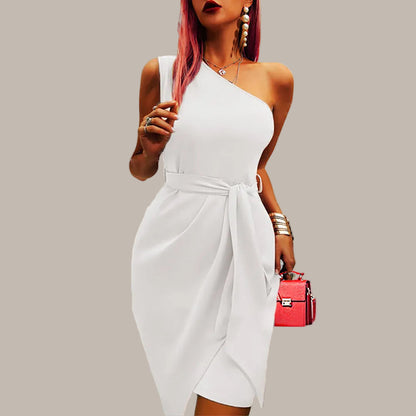 Elegant Midi Dress for Women with One Shoulder Wrap Tie Waist Bodycon Style