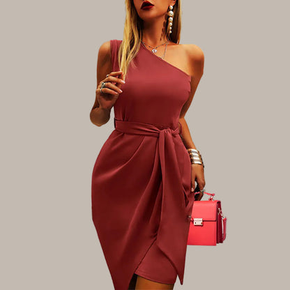 Elegant Midi Dress for Women with One Shoulder Wrap Tie Waist Bodycon Style