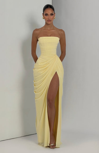 Elegant Draped Maxi Dress for Women with Strapless Sweetheart Ruched Side Slit Autumn Wedding Guest Style