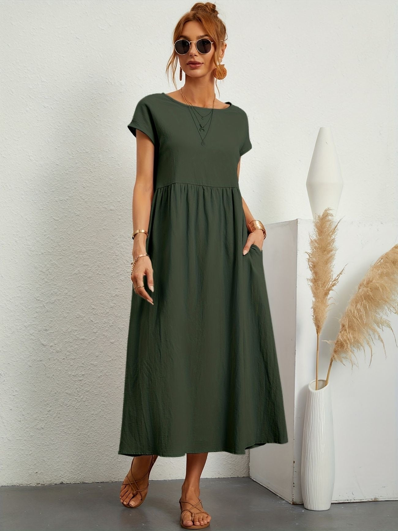 Effortless Green Dress for Women with Round Neck Cap Sleeve Linen Maxi Flowing Style